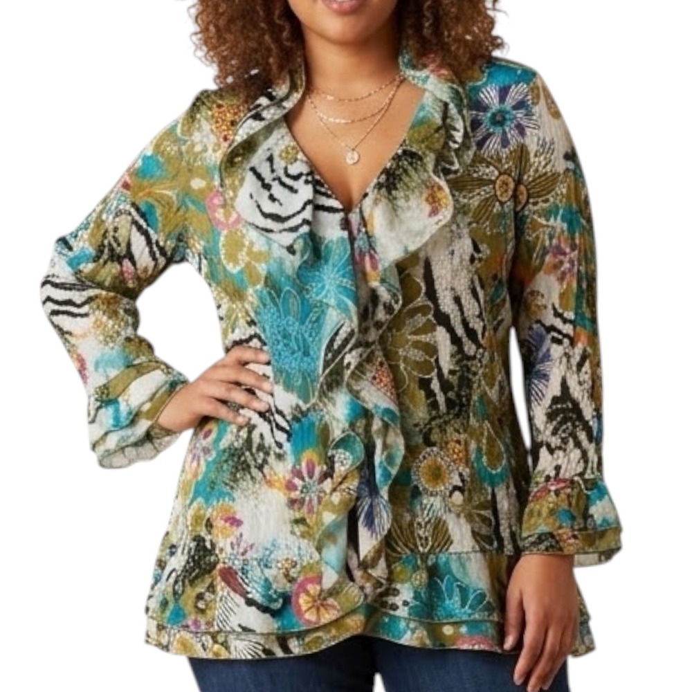 AGORA Multicolor Blouse sz 3X Mixed Print Ruffle Sequins Casual Dressy Boho Chic